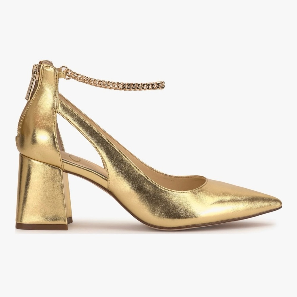 Jessica Simpson Women's Sylan Gold Metallic Square Heel Pumps Cutout Chain NWT - Picture 2 of 10